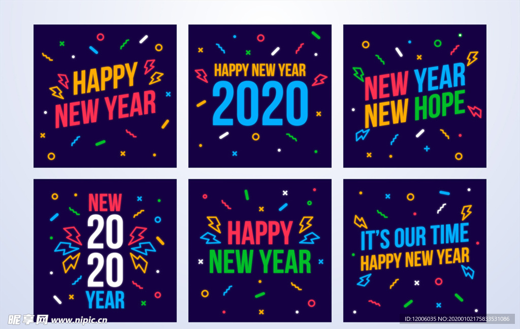 6款2020年彩色新年快乐卡片