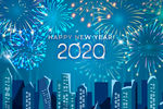 2020年蓝色城市烟花贺卡矢量
