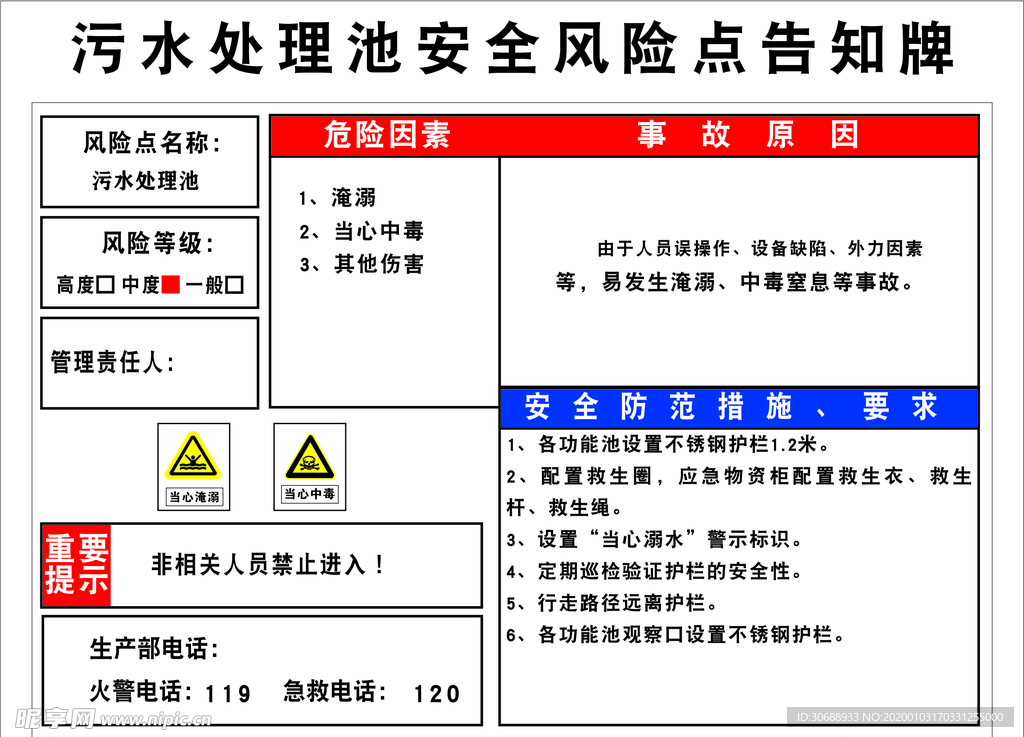 污水处理池安全风险点告知牌 风