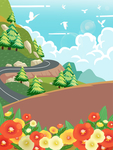 卡通山路公路草地蓝天背景