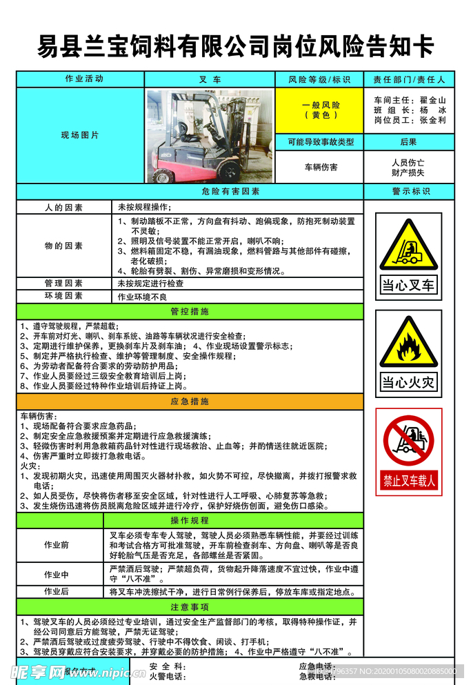 叉车岗位风险告知卡