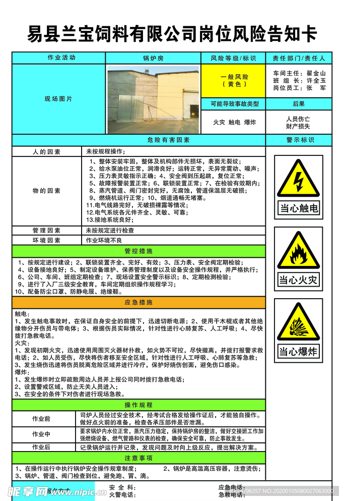 锅炉房岗位风险告知卡