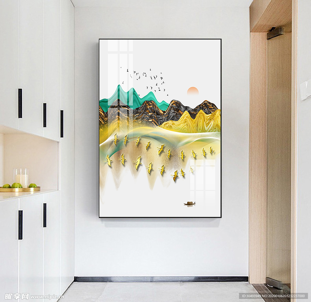 手绘抽象鎏金质感意境山水装饰画