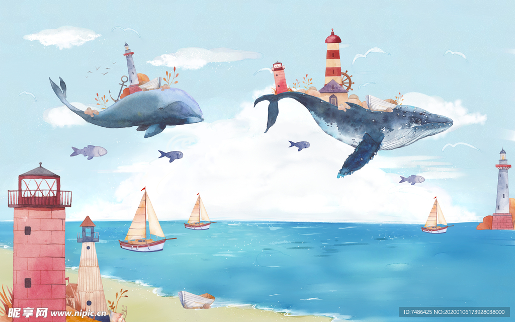 鲸鱼儿童房装饰画素材