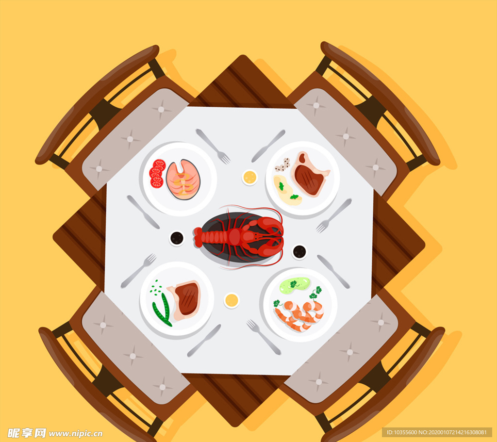 创意摆满菜肴的餐桌矢量图片
