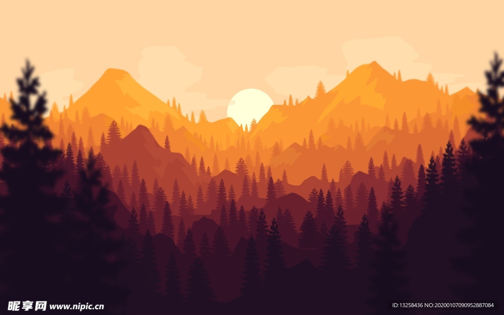 群山夕阳森林插画风景