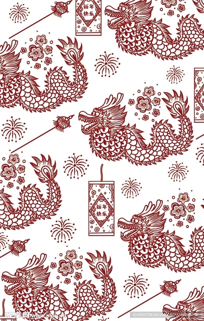 中国传统龙红色新年底纹