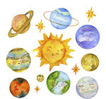 水彩绘可爱表情太阳系行星矢量图