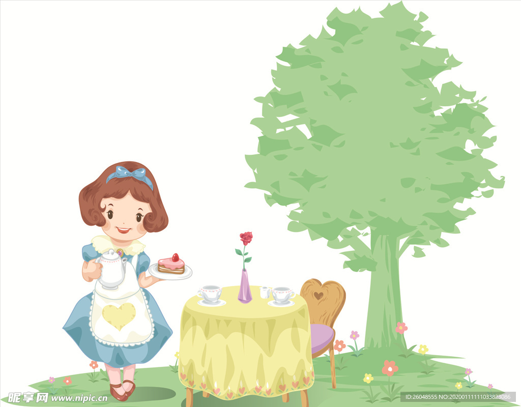 树下做蛋糕的小女孩