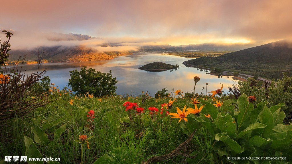 群山河流草地鲜花风景