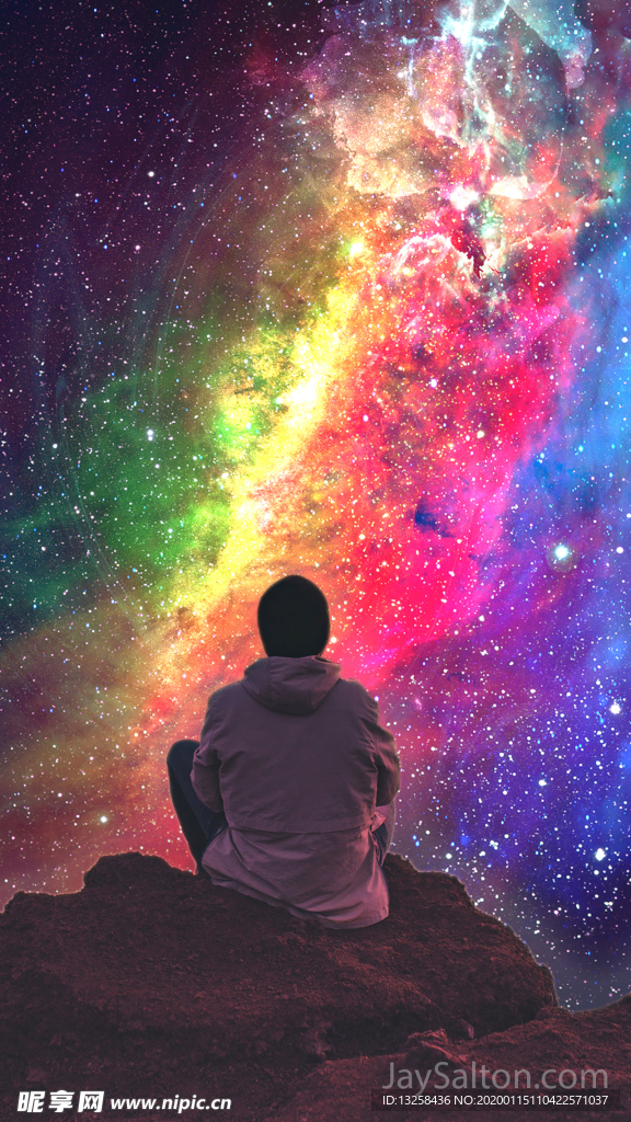 彩色星空宇宙山顶风景