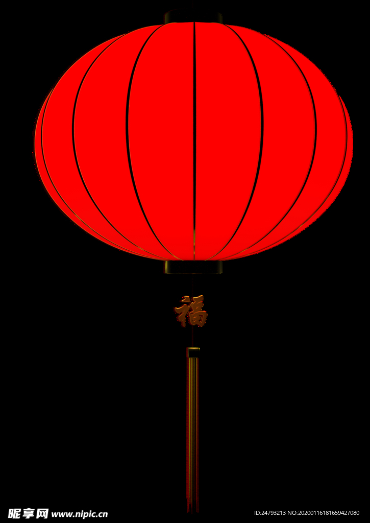 吊福字大红笼正视夜间点灯效果图