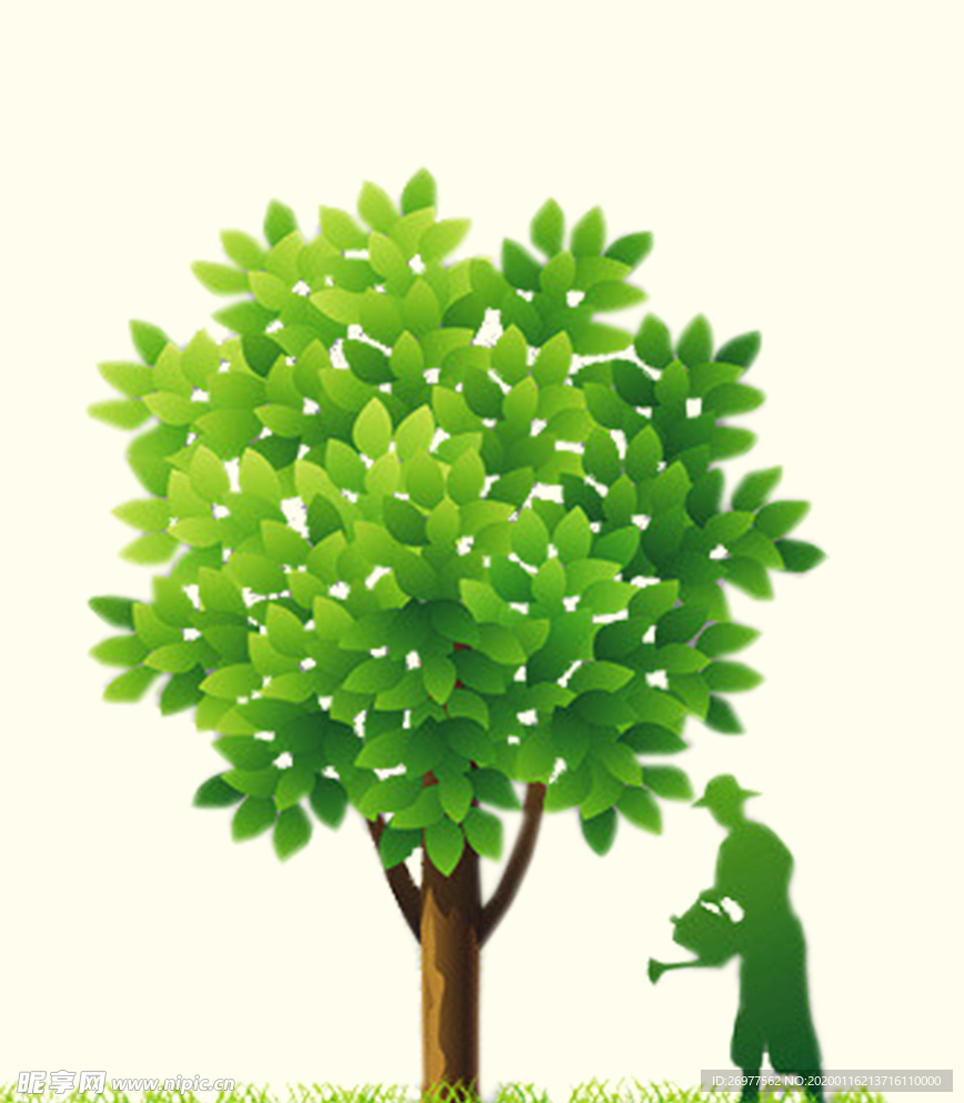 绿色人物剪影绿树浇水植树节元素