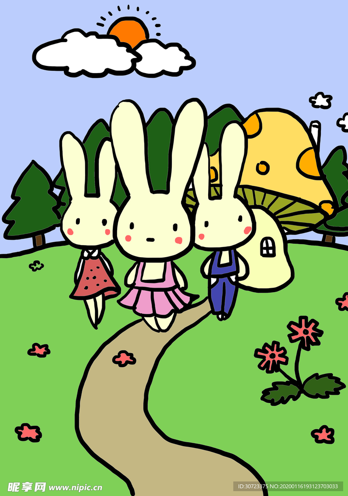 三只小兔和蘑菇屋儿童画