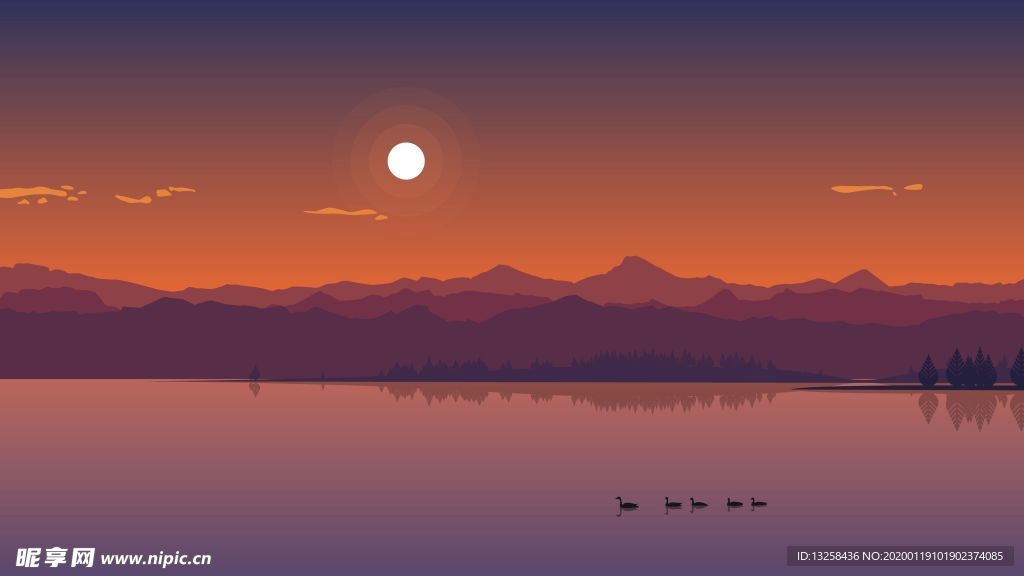 彩色风景插画天空河流