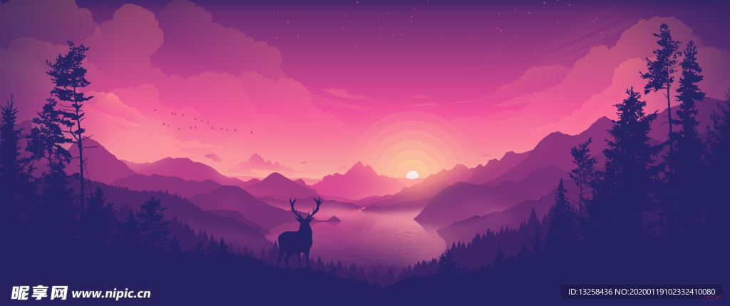 彩色动漫插画风景麋鹿