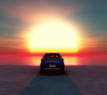 夕阳下大海边的汽车