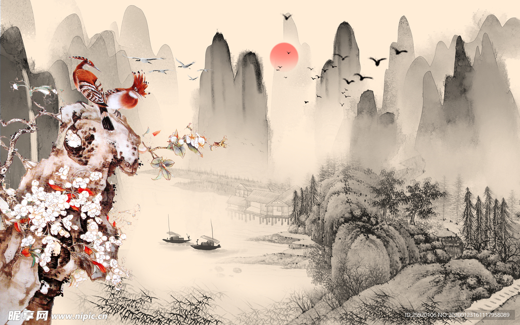 典雅花鸟山水背景墙