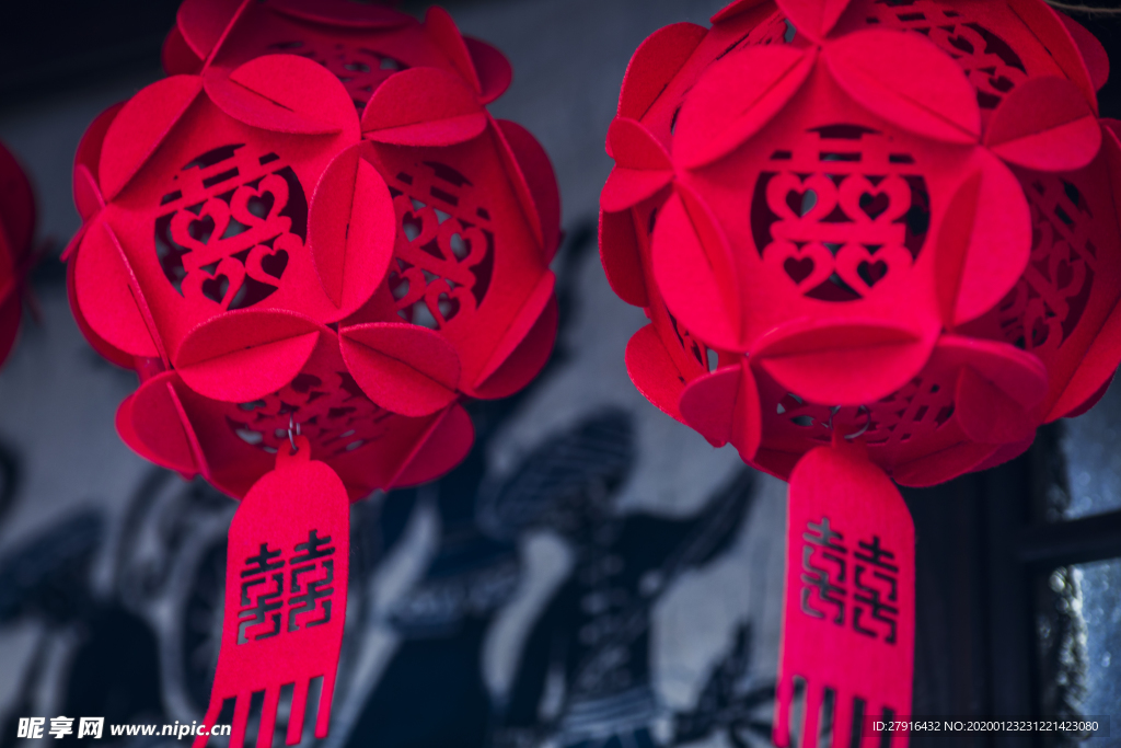 剪纸囍字灯笼