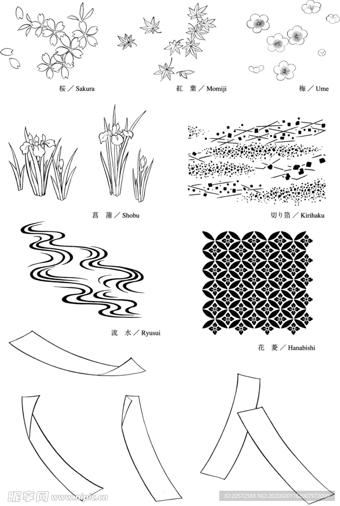 日本线描植物花卉矢量素材