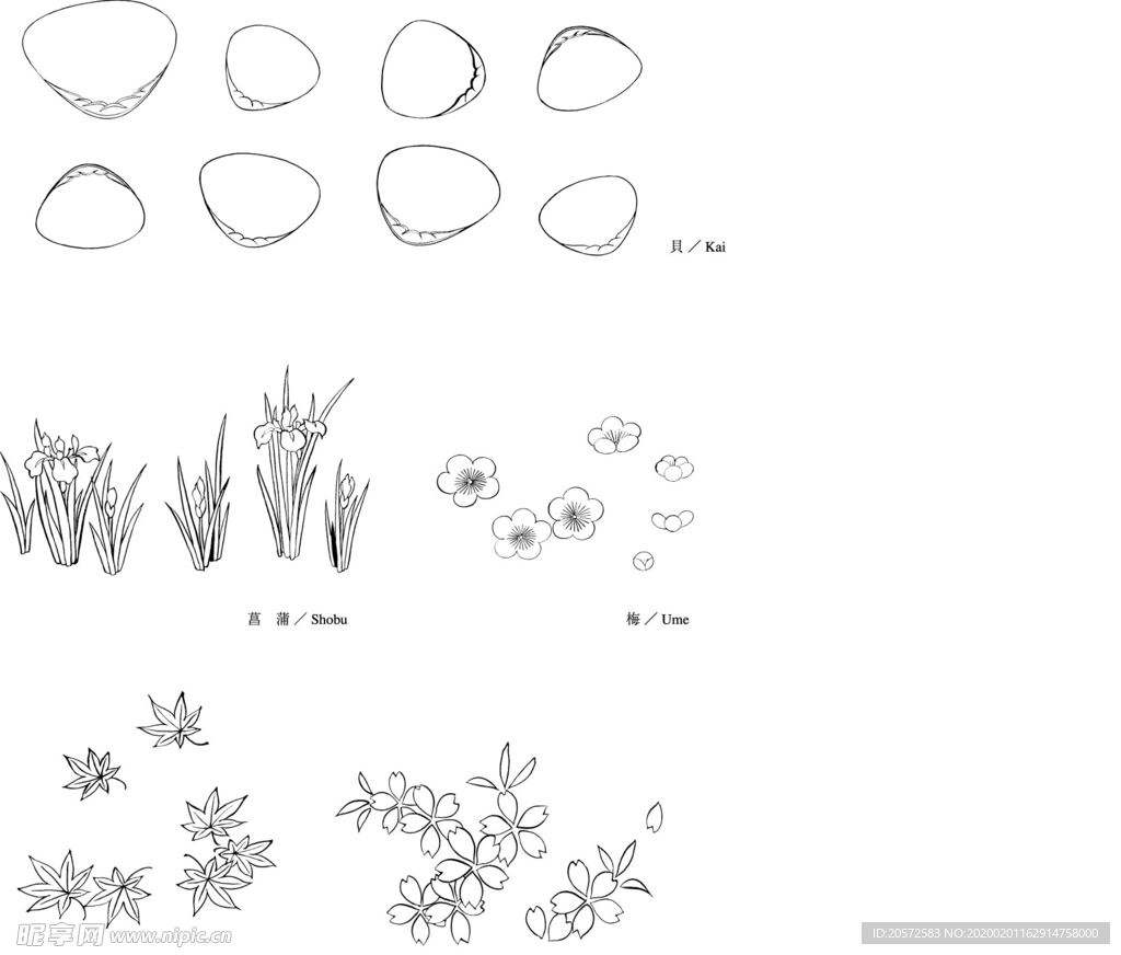 日本线描植物花卉矢量素材