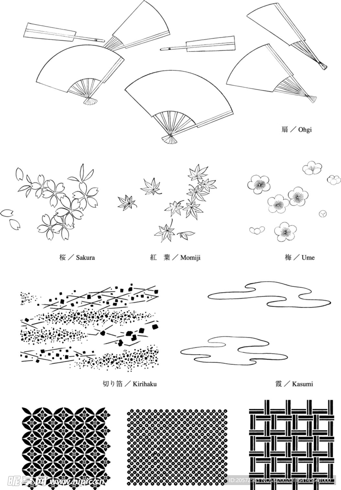 日本线描植物花卉矢量素材