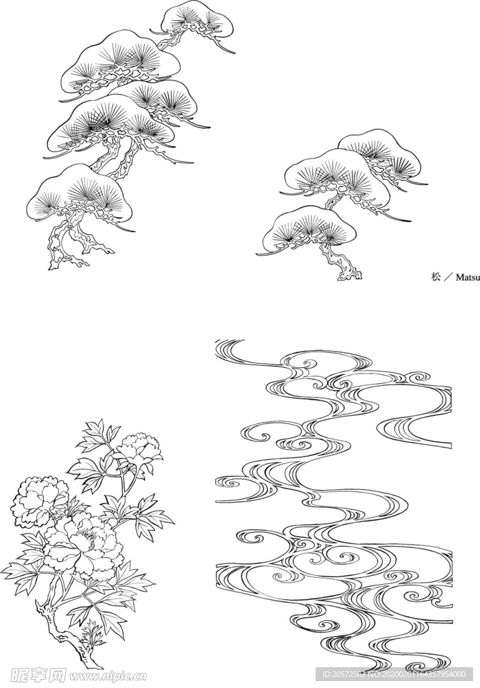 日本线描植物花卉矢量素材