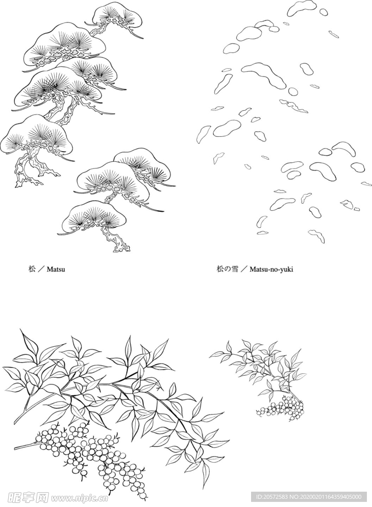 日本线描植物花卉矢量素材