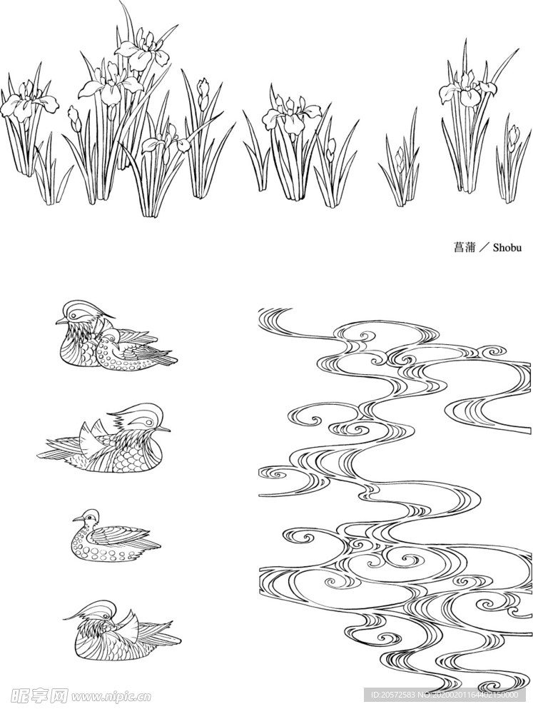 日本线描植物花卉矢量素材