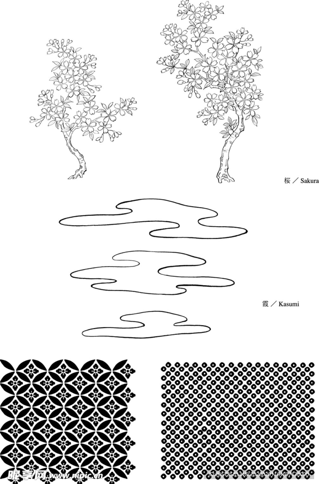 日本线描植物花卉矢量素材