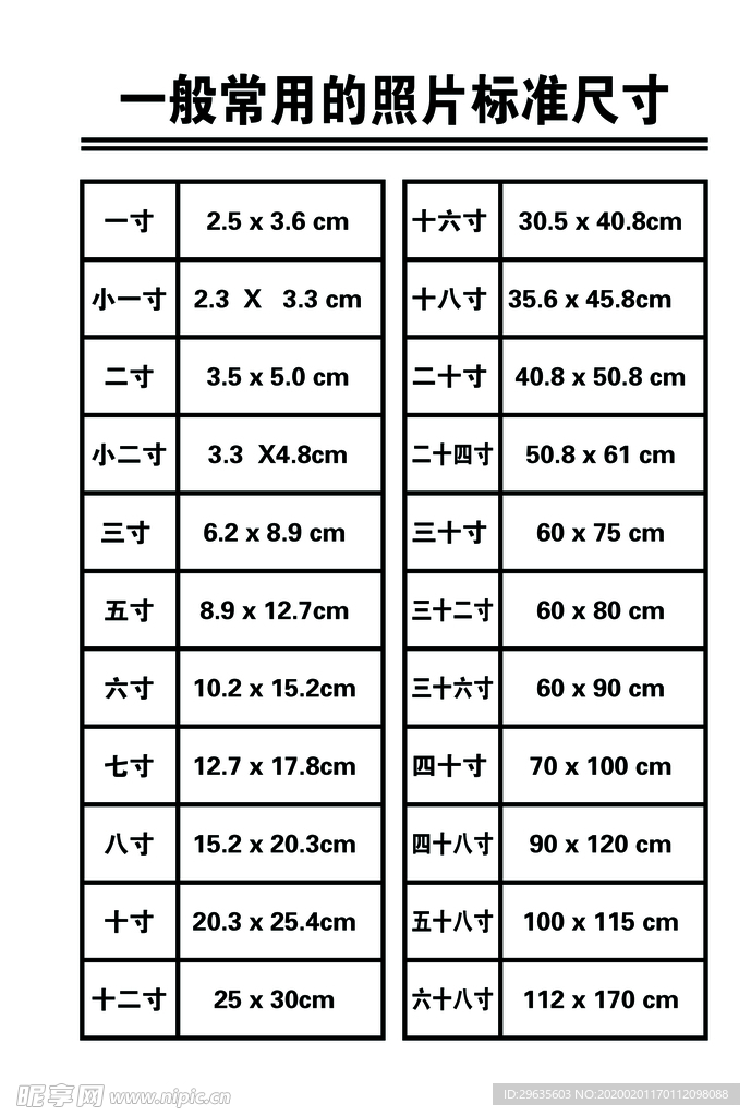 一般常用照片标准尺寸