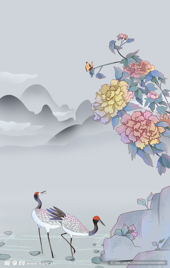古典手绘花鸟插画 丹顶鹤