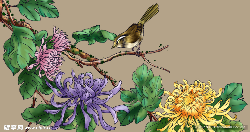 古典手绘花鸟插花