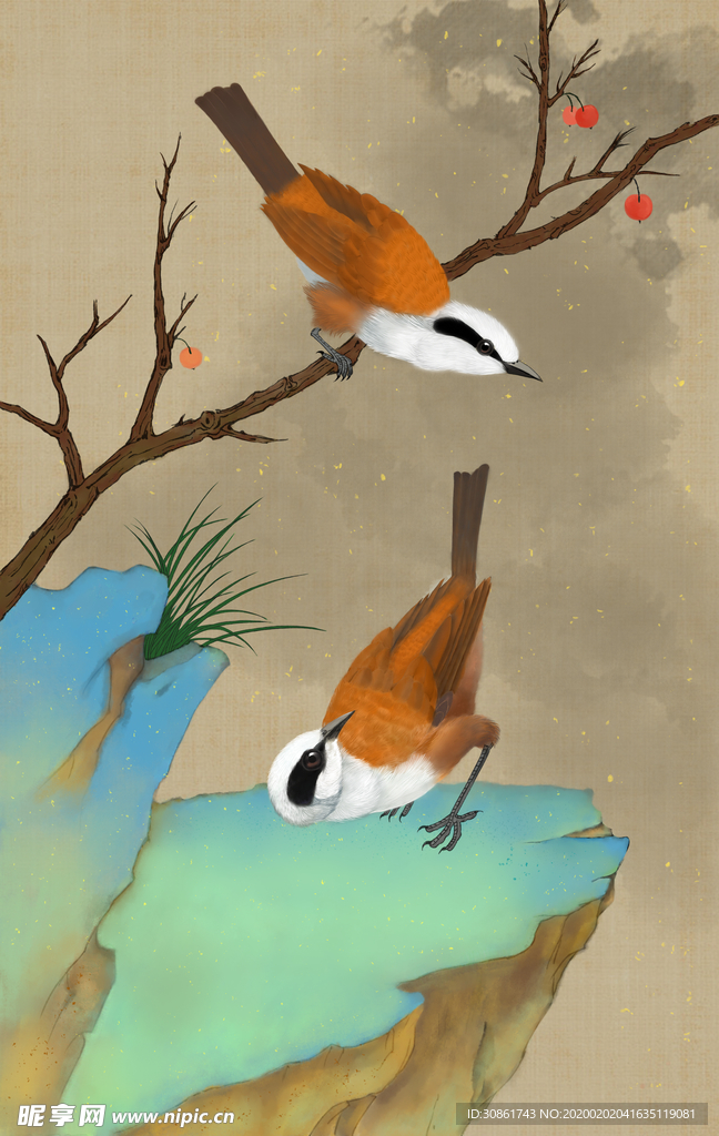 古典手绘花鸟插花