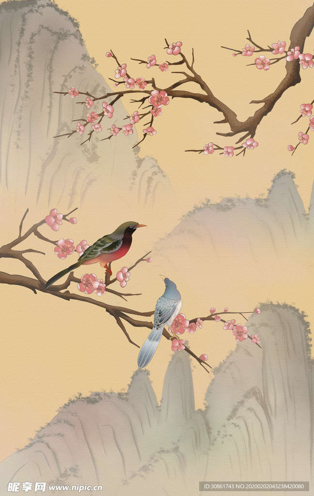 古典手绘花鸟插花