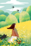 踏青女孩 春天卡通插画