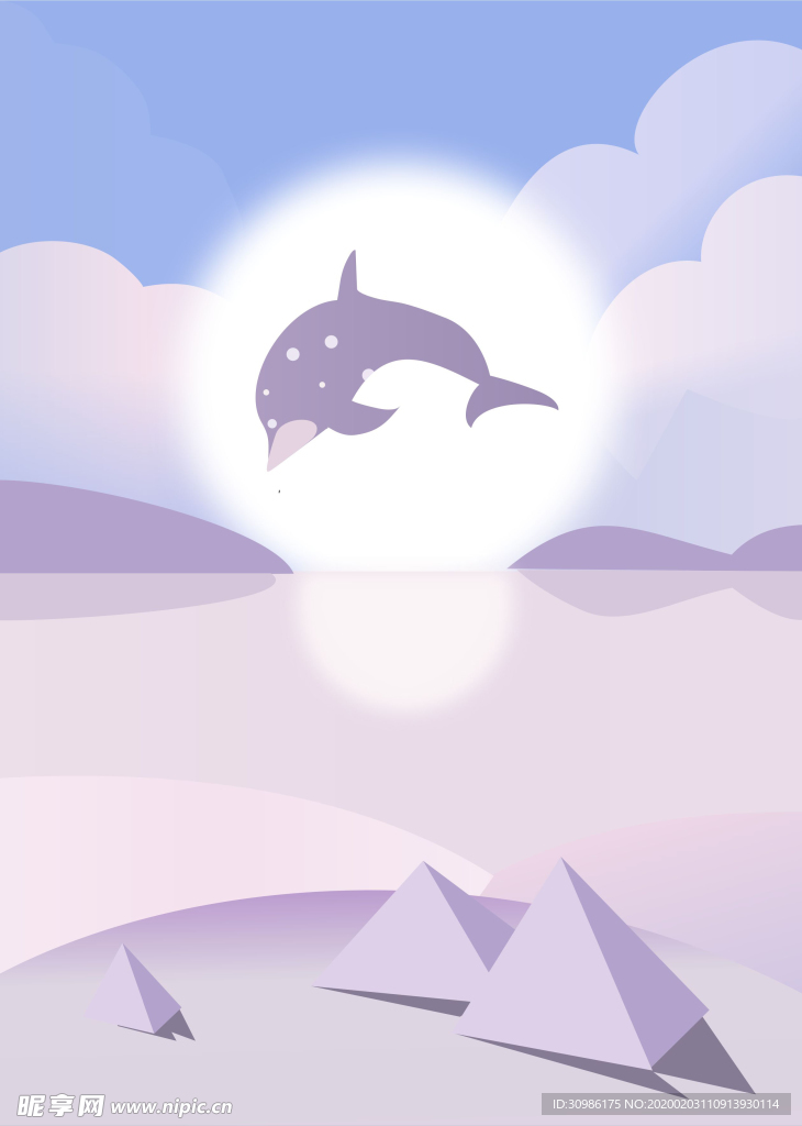 海豚飞舞向太阳矢量图