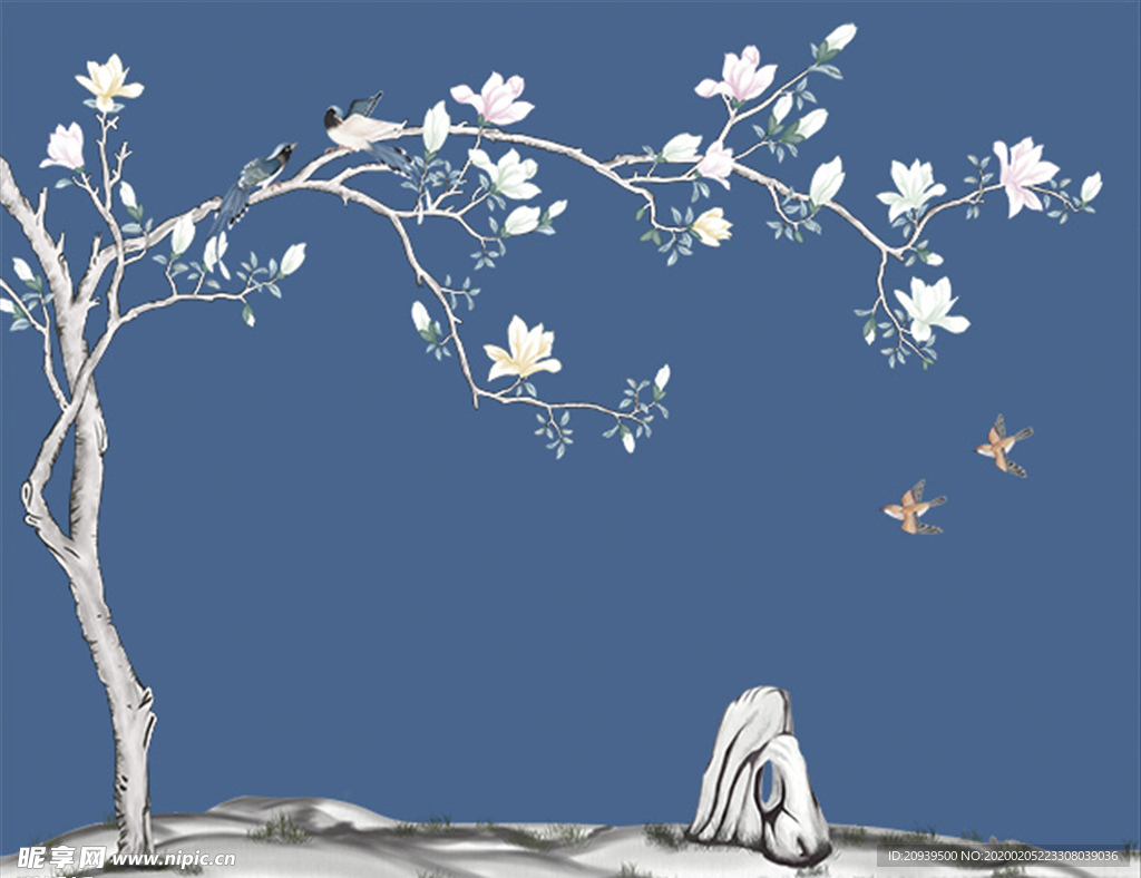 蓝色底玉兰花鸟背景墙