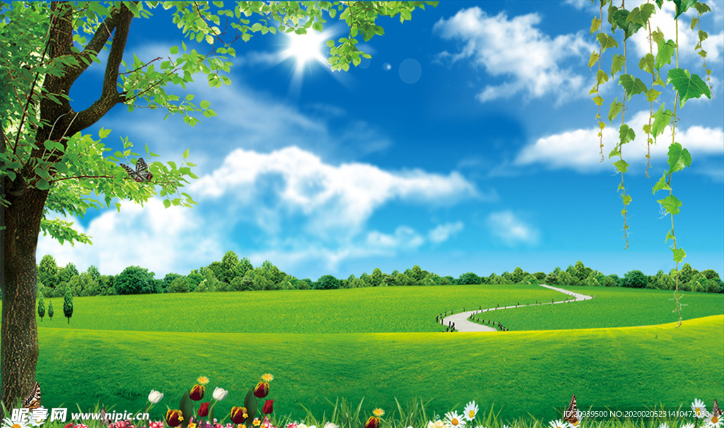 蓝天白云郁金香背景墙