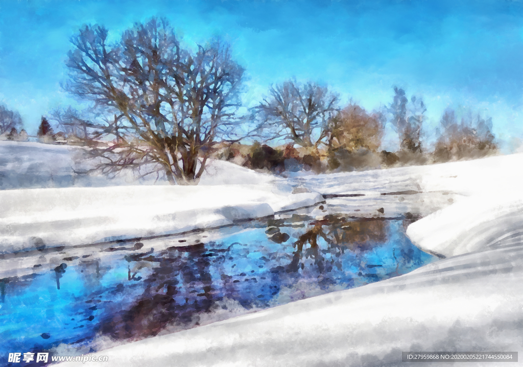 水彩冬日雪景