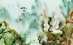 新中式浮雕仙鹤山水电视背景墙