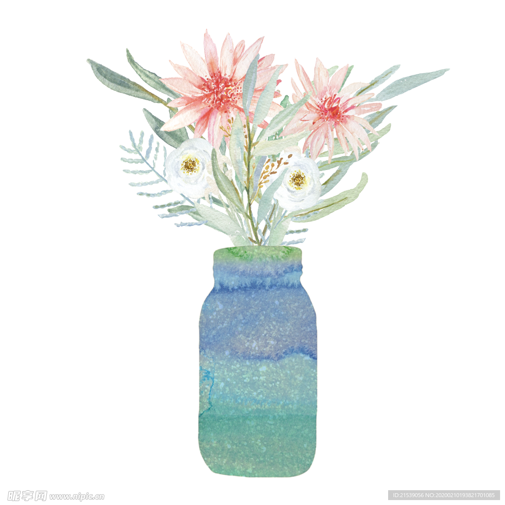 水彩晕染花瓶绿色叶子白色粉色花
