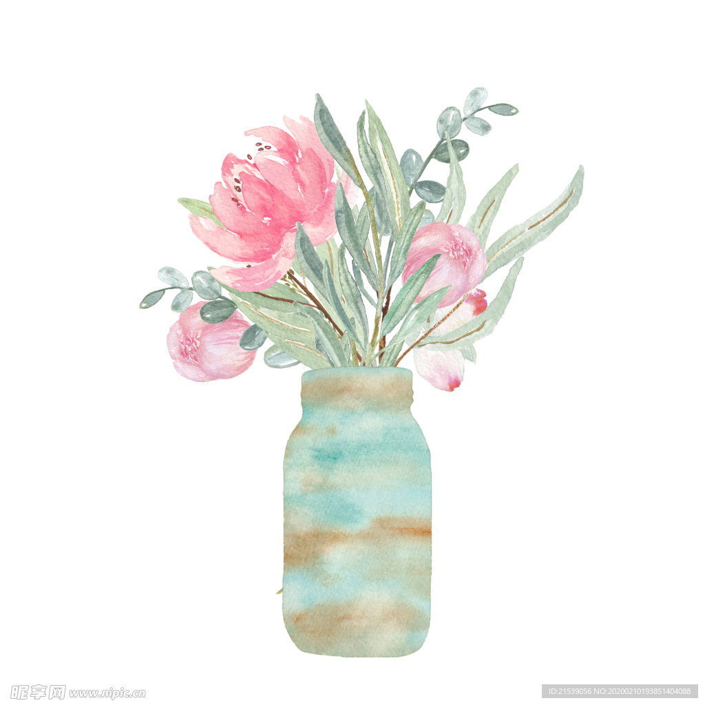 小清新金色绿色花瓶花纹粉色花朵