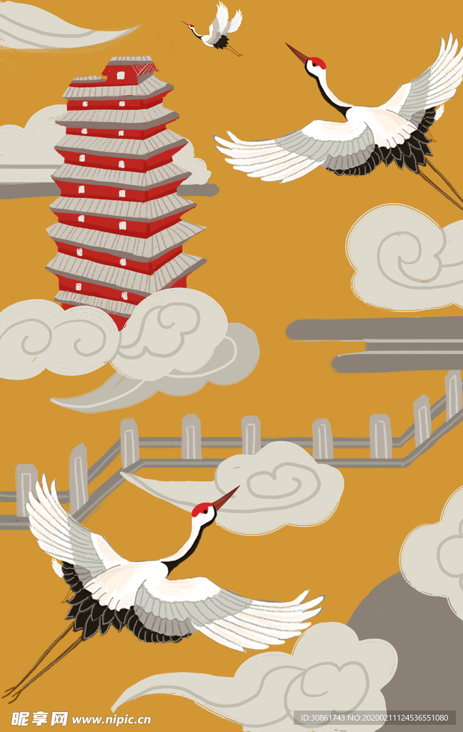 仙鹤国潮插画