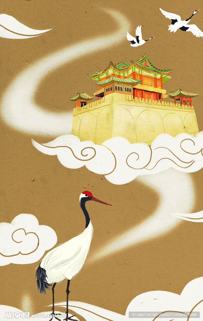 仙鹤国潮插画