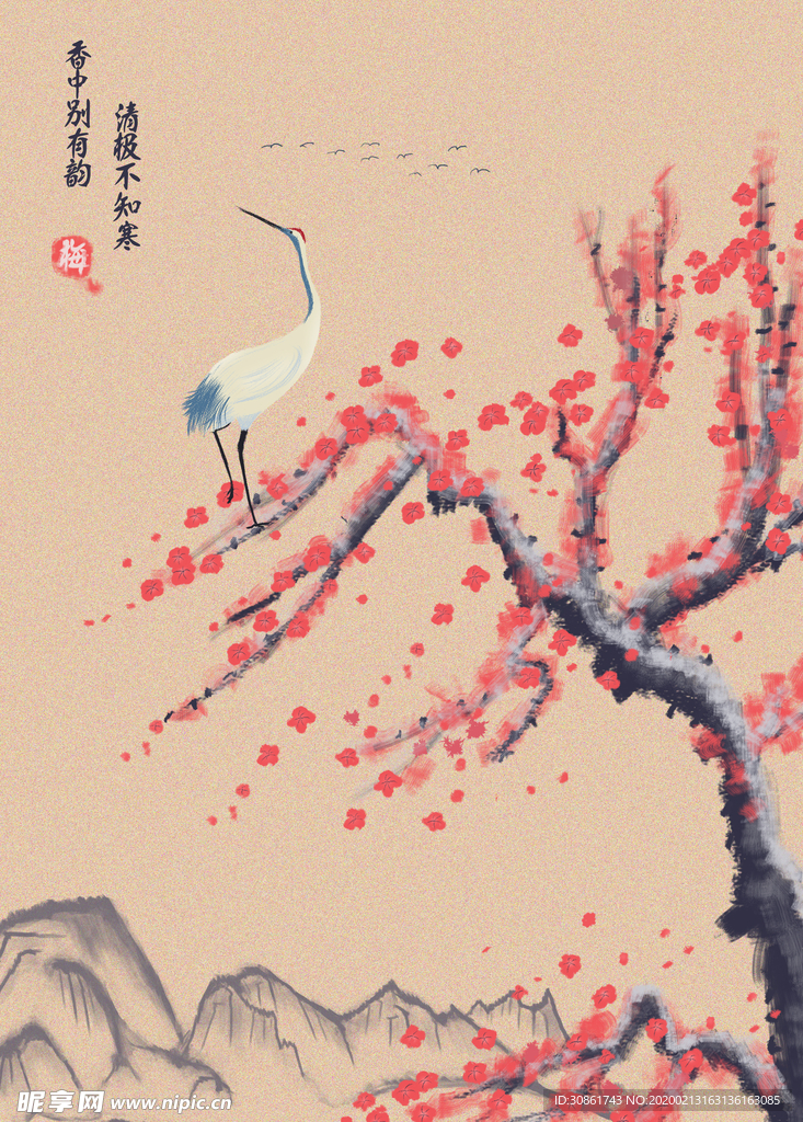 复古水墨山水梅花海报