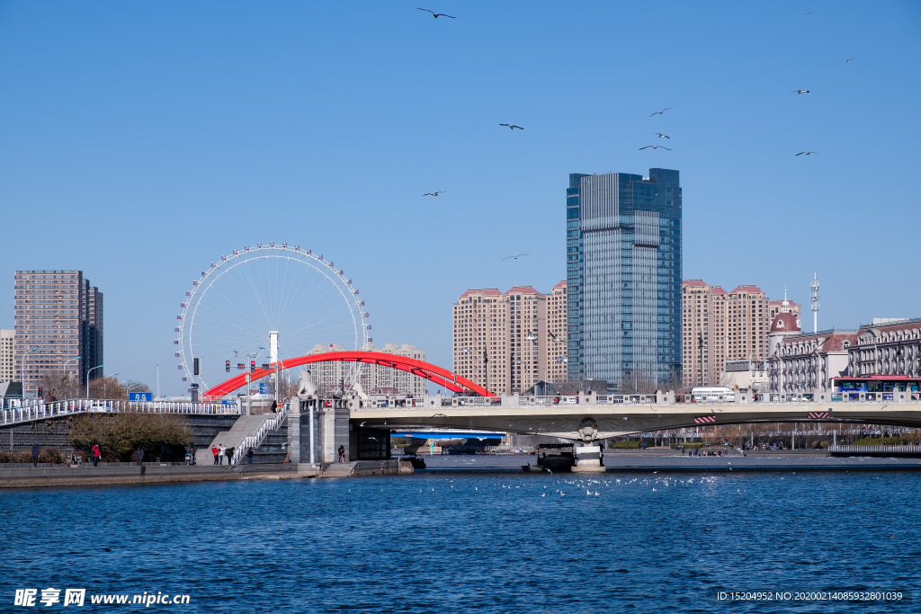 天津海河边摩天轮和桥