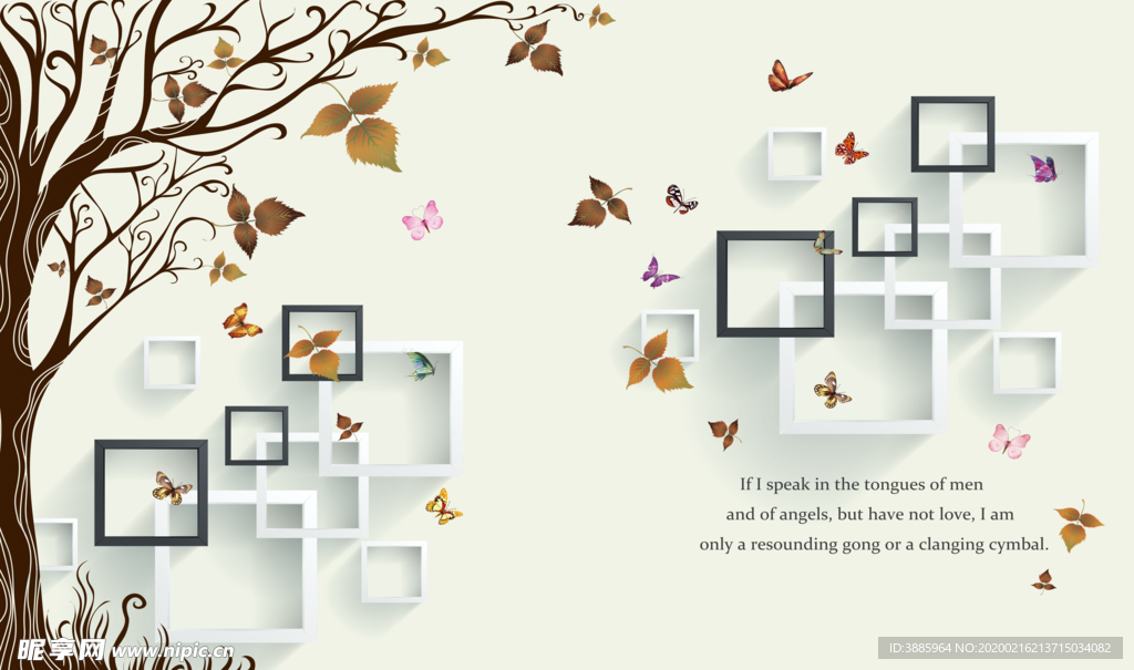 3D立体简约手绘树木飞鸟背景墙