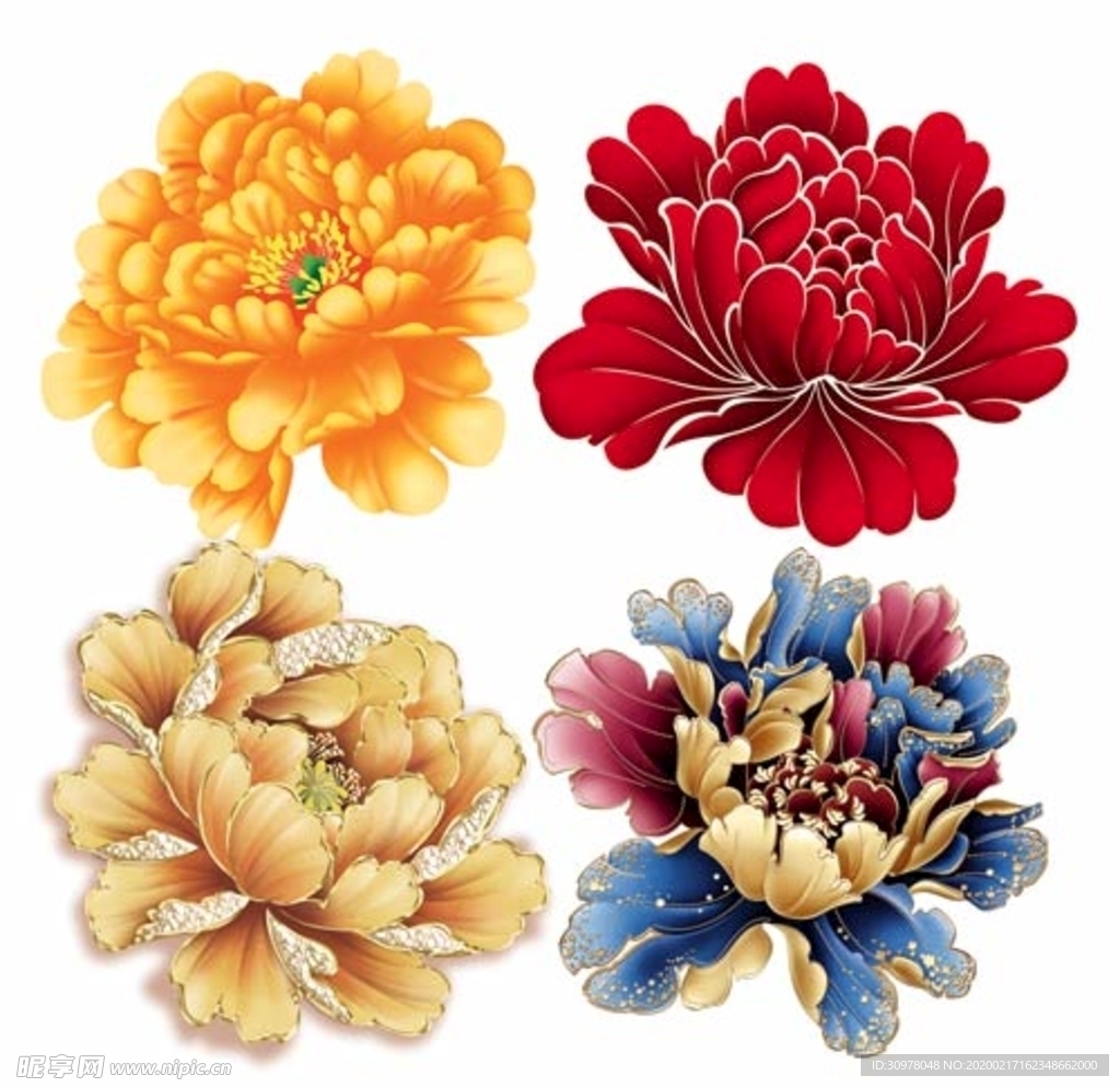 国画牡丹花红花金色花