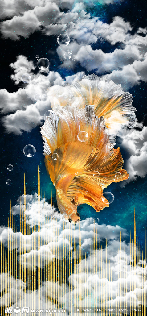 现代轻奢抽象孔雀鱼云朵装饰画